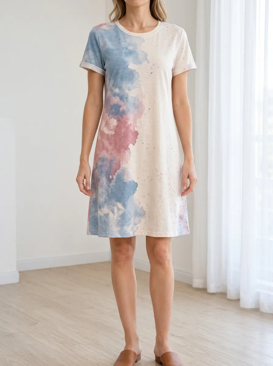 Women's Blue Pink Watercolor Splatter Printed T-shirt Dress