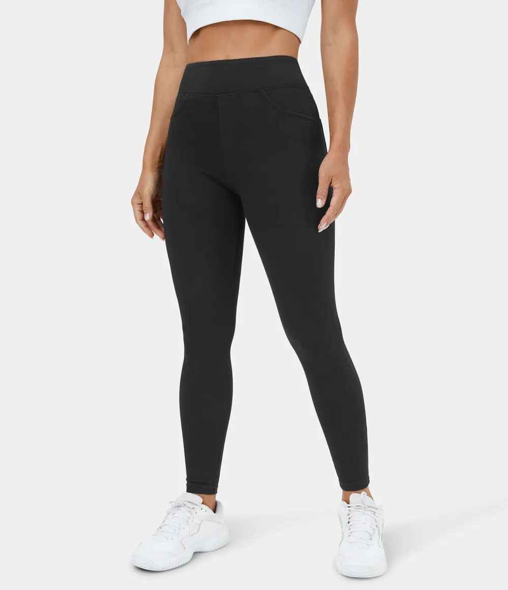 Magic High Waisted Back Side Pocket Stretchy Knit Denim Thermal Casual Leggings