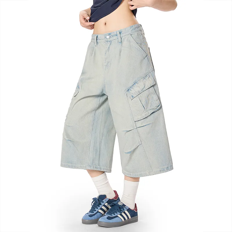 Vintage Wash Distressed Wide Leg Denim Shorts