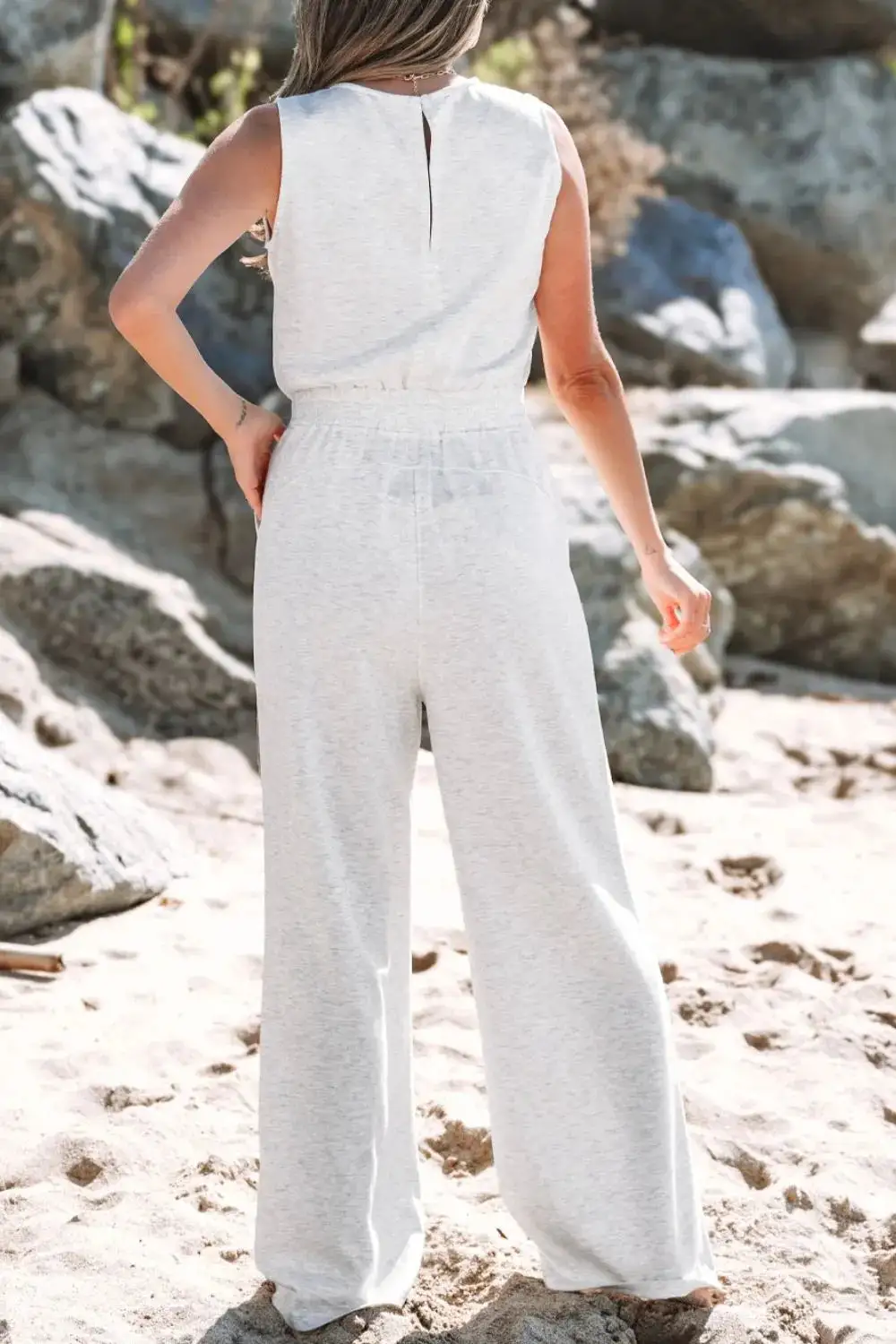 Clean Crew Neck Drawstring High Waist Jumpsuit