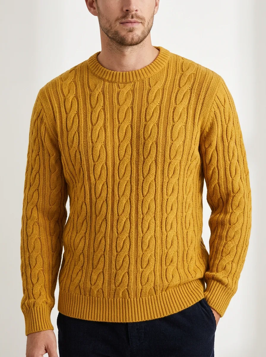 Men’s Ribbed Cable-Knit Crewneck Layering Sweater