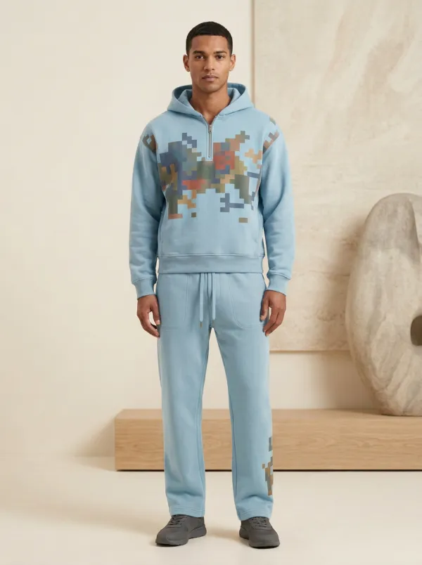 Men's Pixel Art Pattern Printed Quarter-Zip Hoodie Sweatpants Set