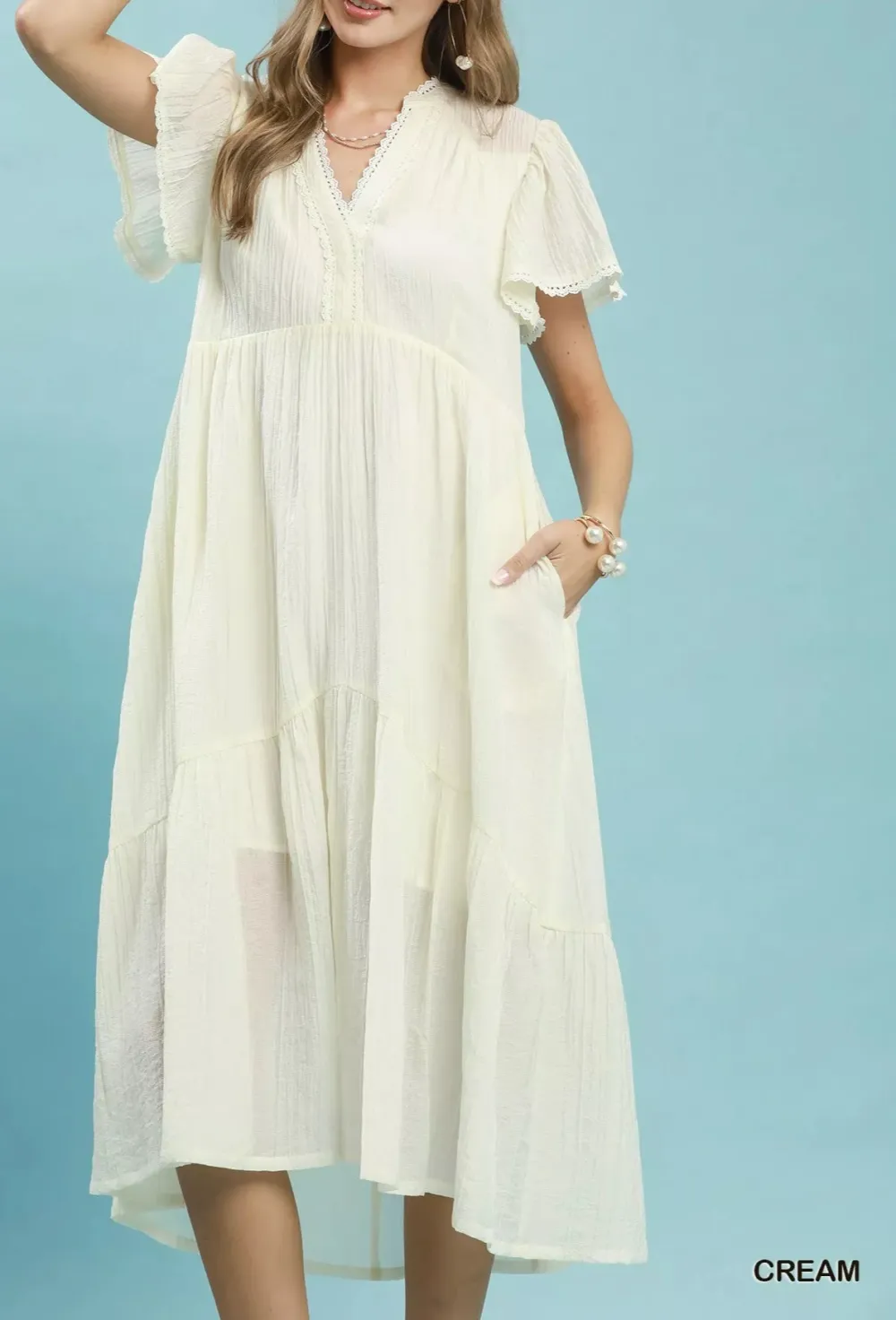 Textured Tiered Midi Dress with Side Pockets