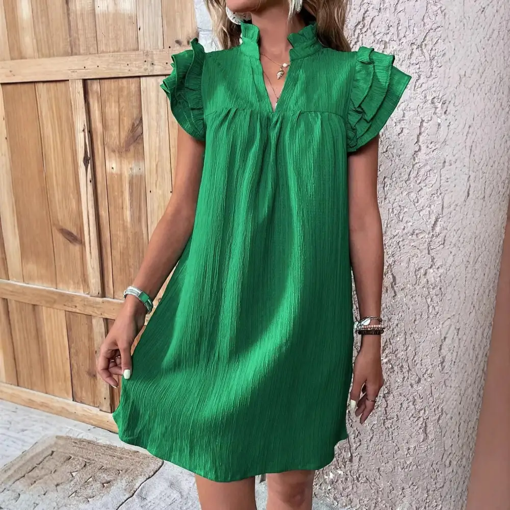 Women's A-Line V-Neck Short-Sleeve Ruffled Mini Dress