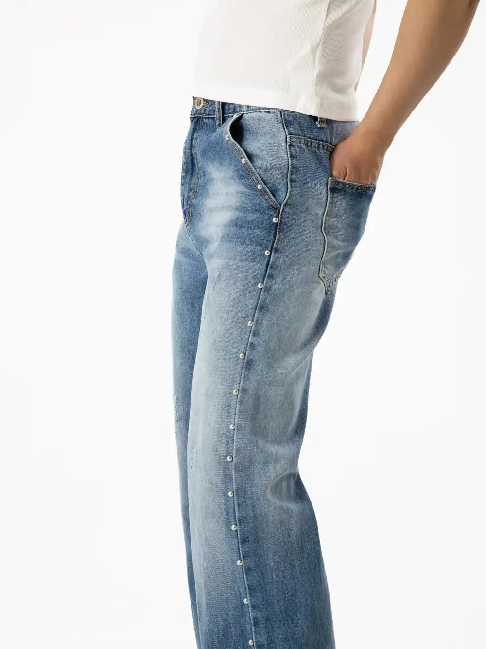 Flared Studded Contrast-Stitch Jeans