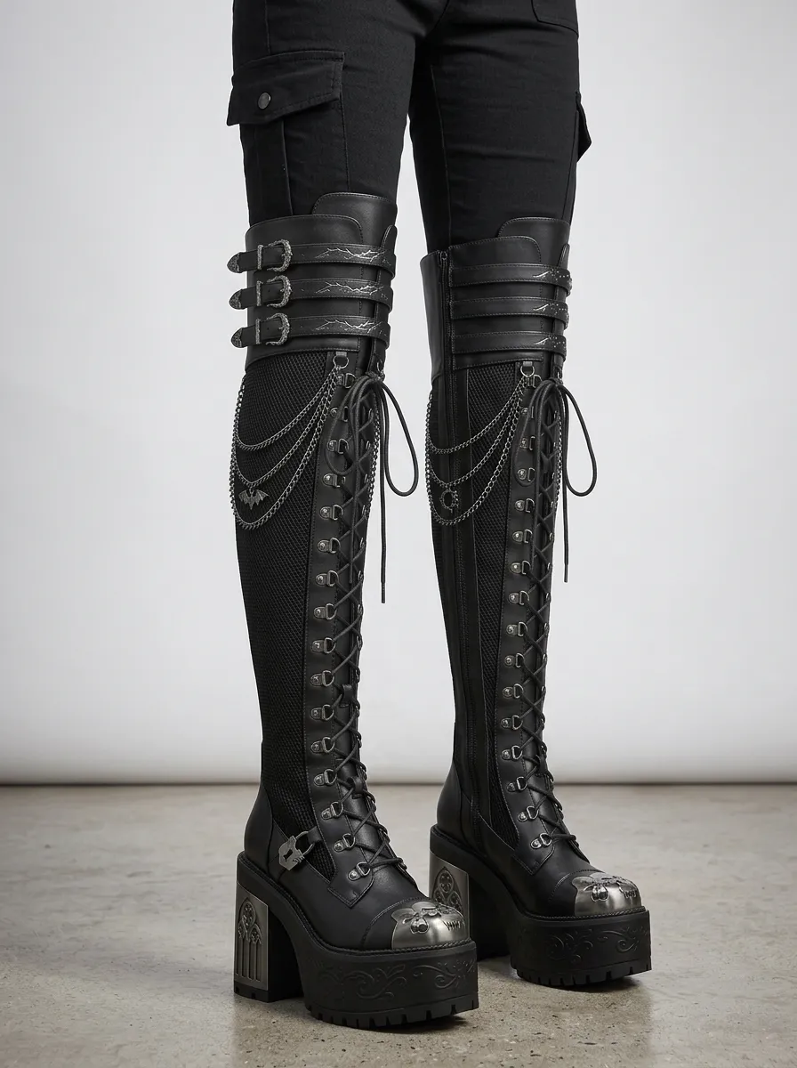 Ritual-Inspired Skull Bat Chain Gothic Edit Women's Gothic Platform Knee High Boots