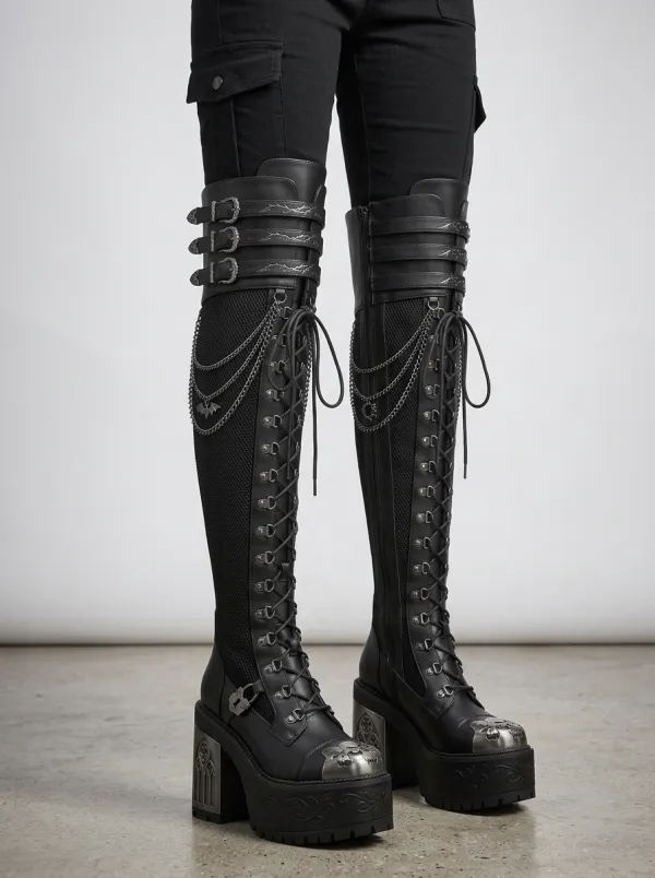 Ritual-Inspired Skull Bat Chain Gothic Edit Women's Gothic Platform Knee High Boots