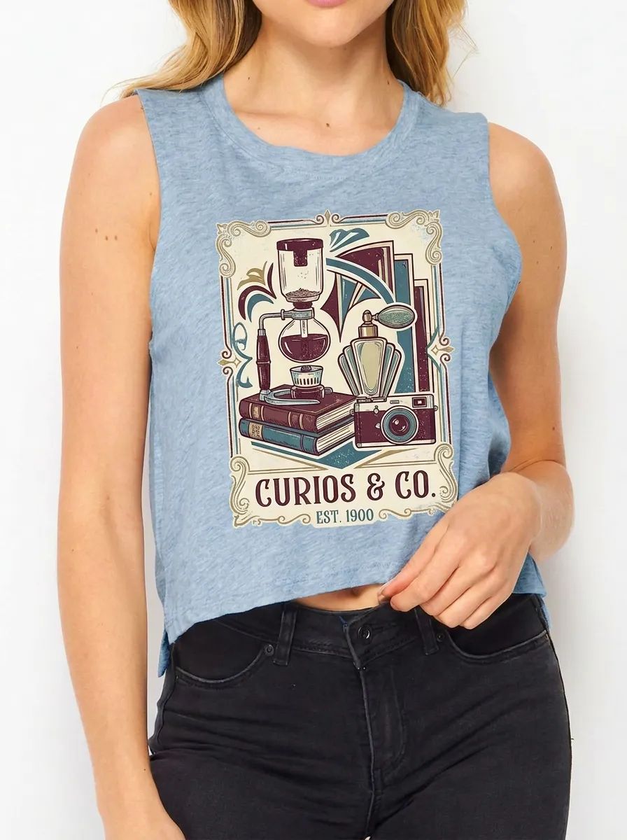 Women's Vintage Curios Coffee Camera Printed Crop Tank Top