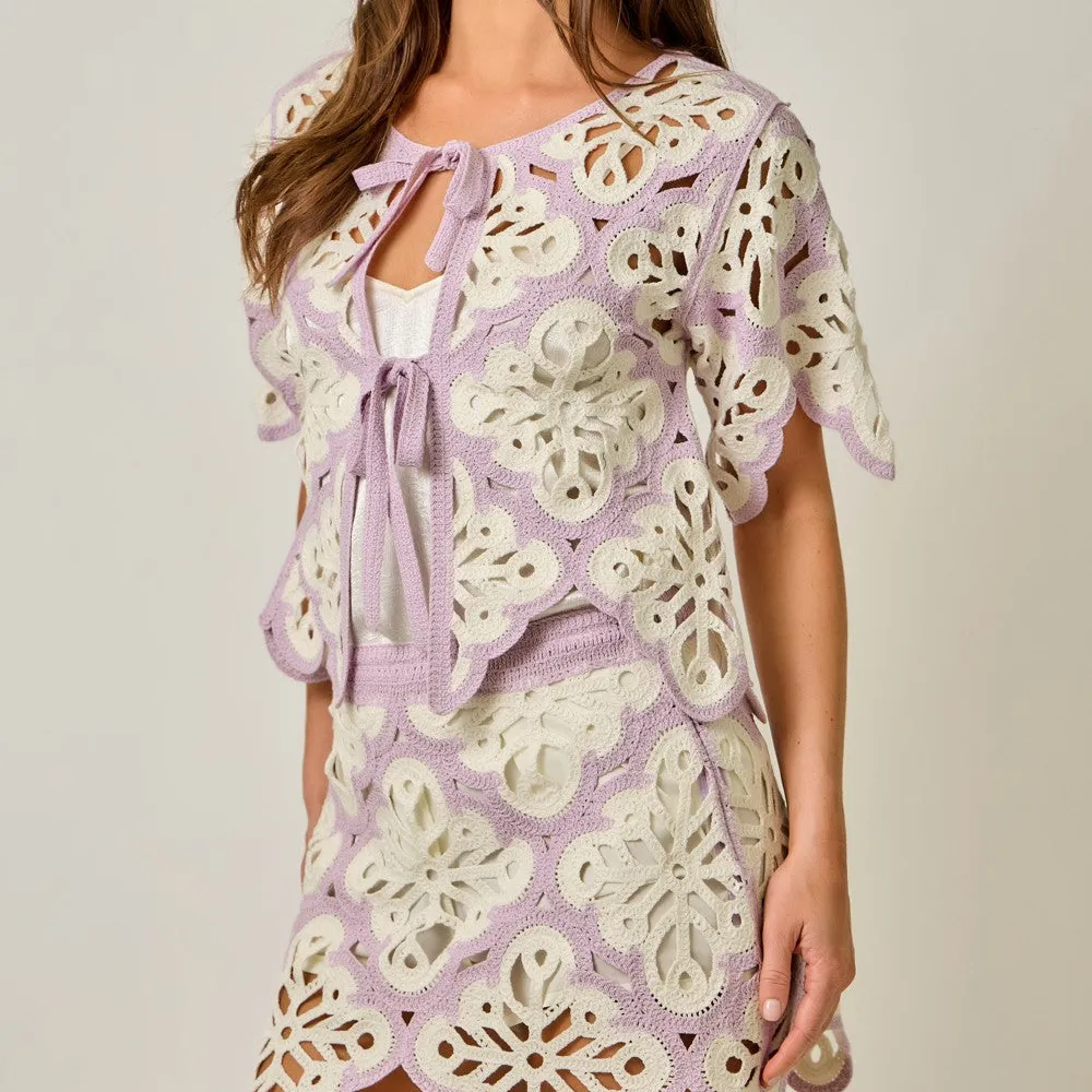 Open Front Tie Front Crochet Cardigan