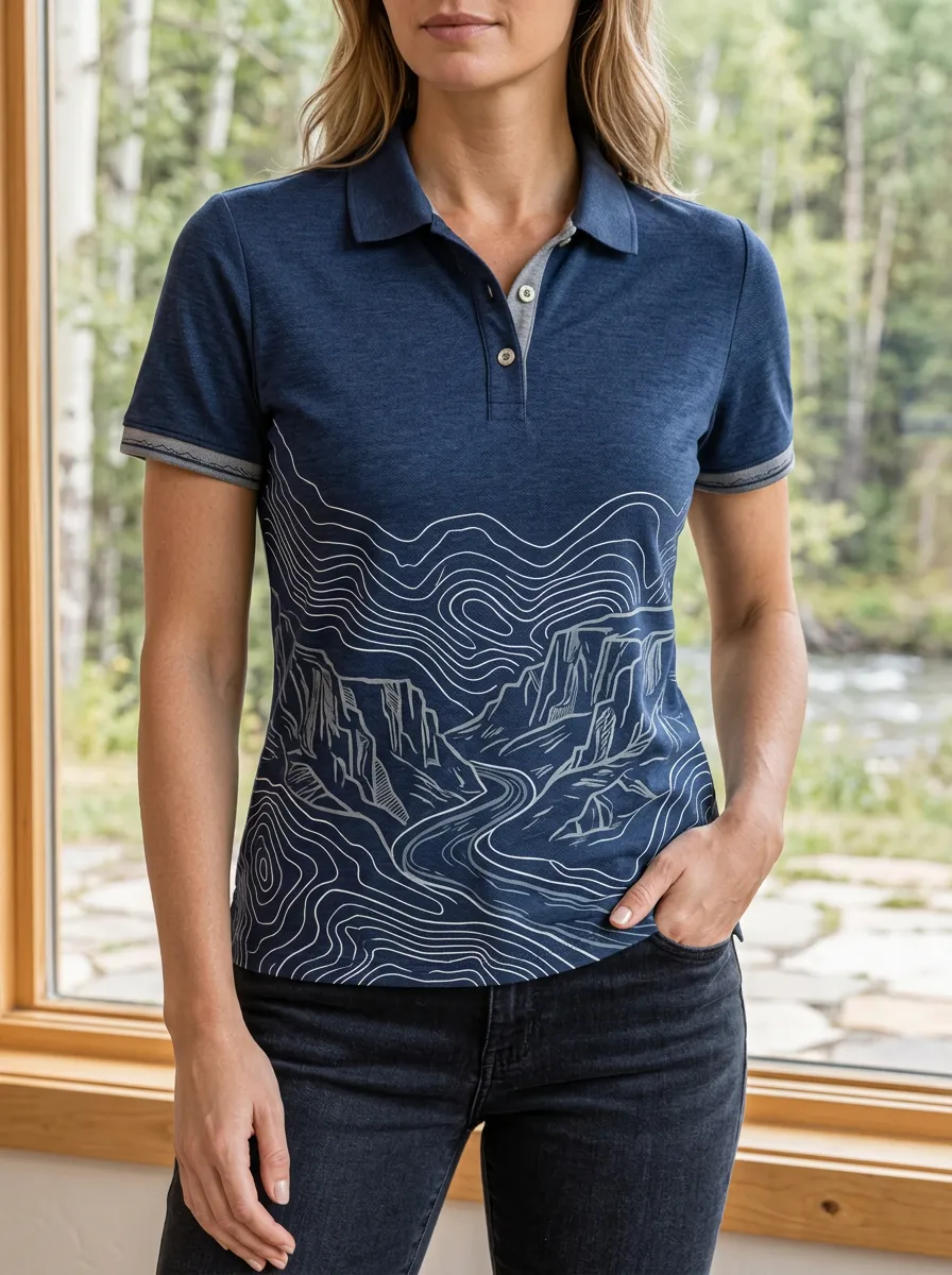 Women's Graphic Hiking Lover Mountain Topographic Polo Shirt