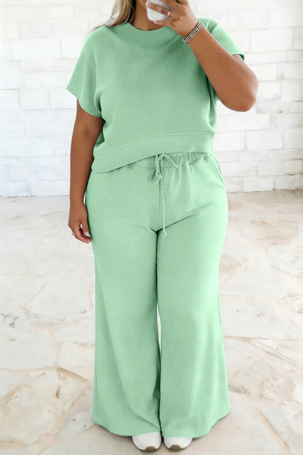 Women's Solid Color Ribbed Trim Short Sleeve Top Drawstring Loose Pants Two Piece Outfit