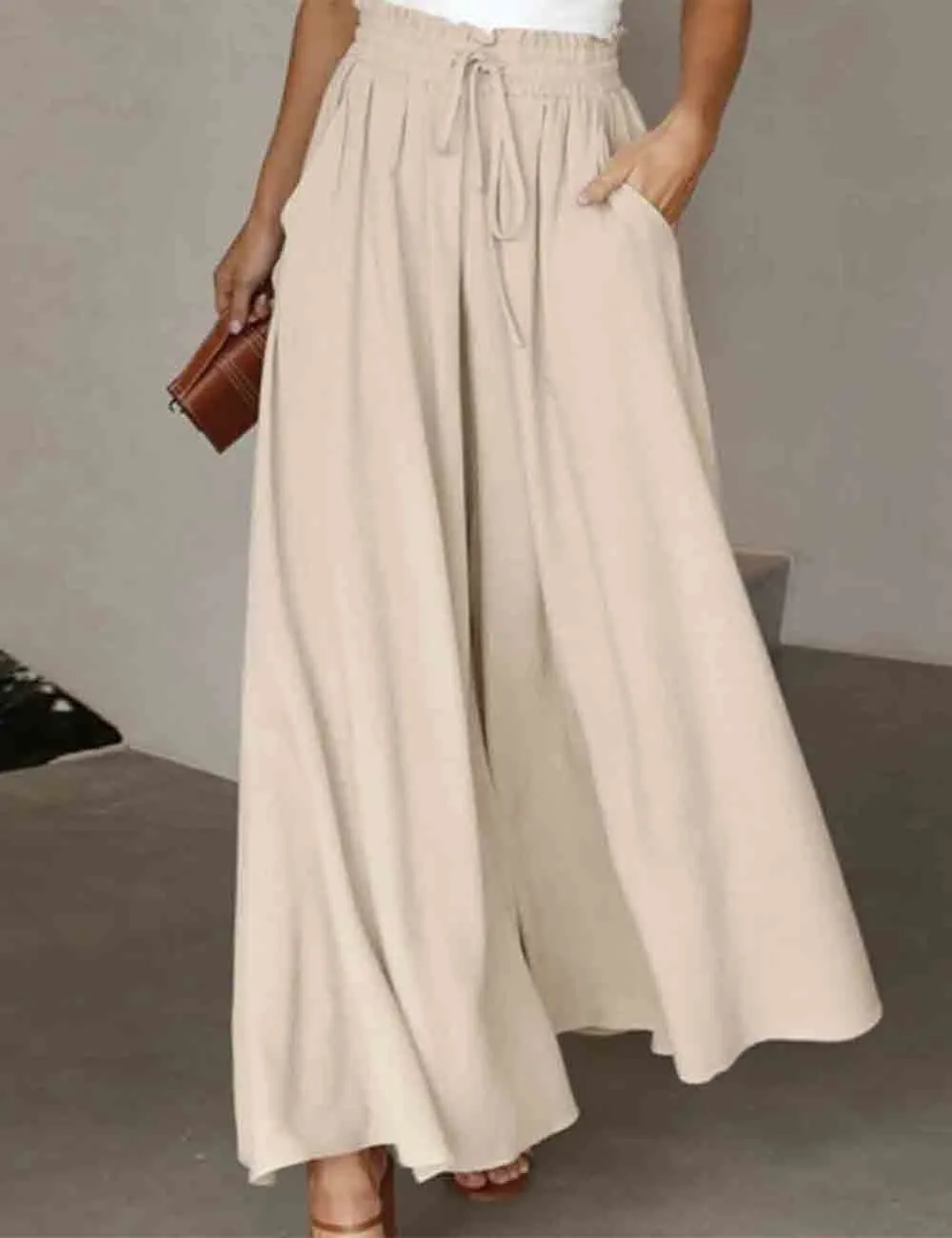 Elastic Waist Tie Wide Leg Pants
