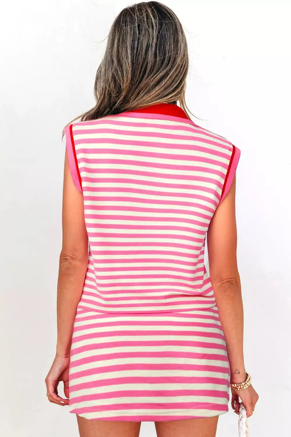 Half Zip Striped Sleeveless Top and Skirt Set