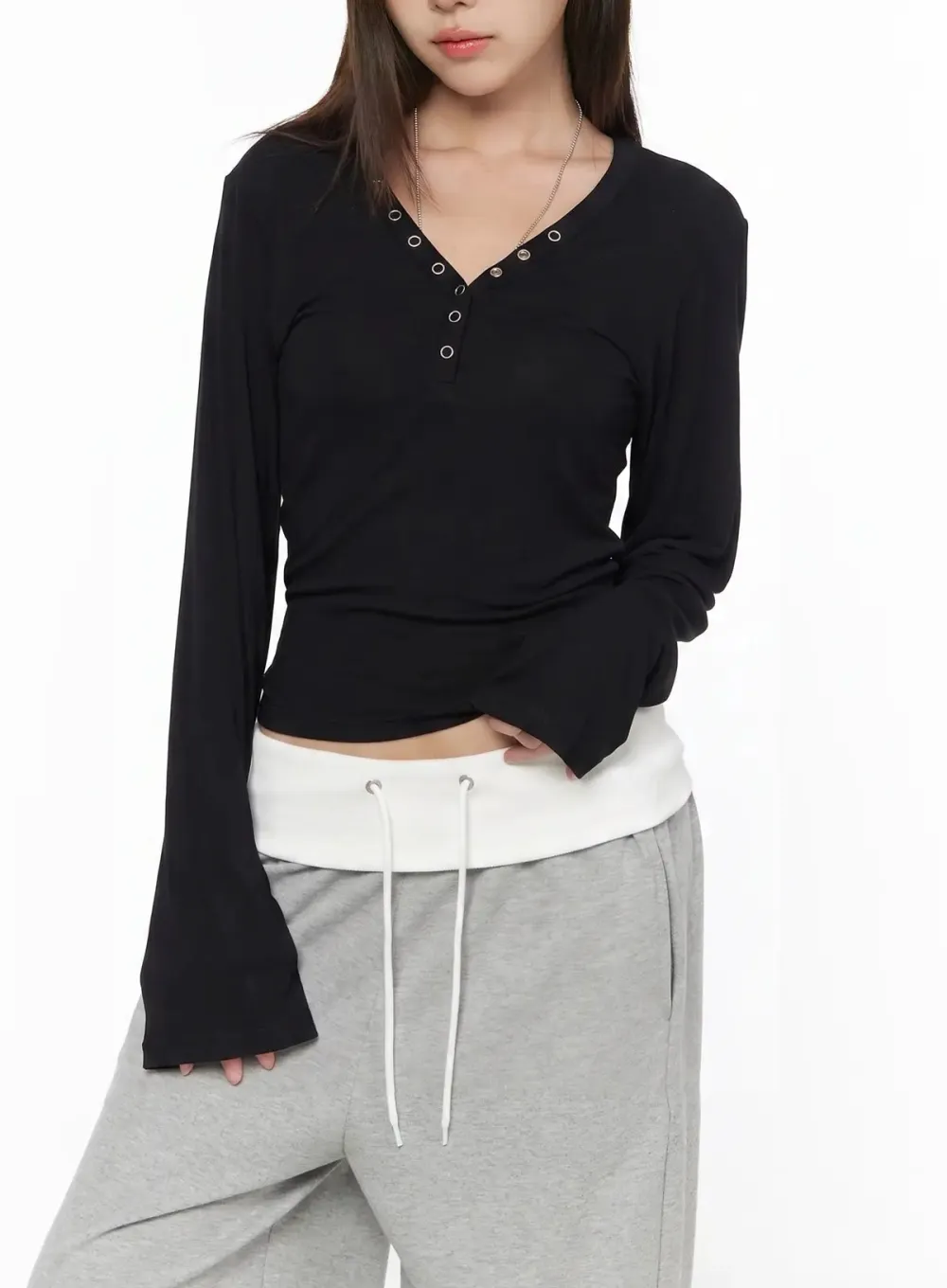 Eyelet Henley V-Neck Long Sleeve Tee