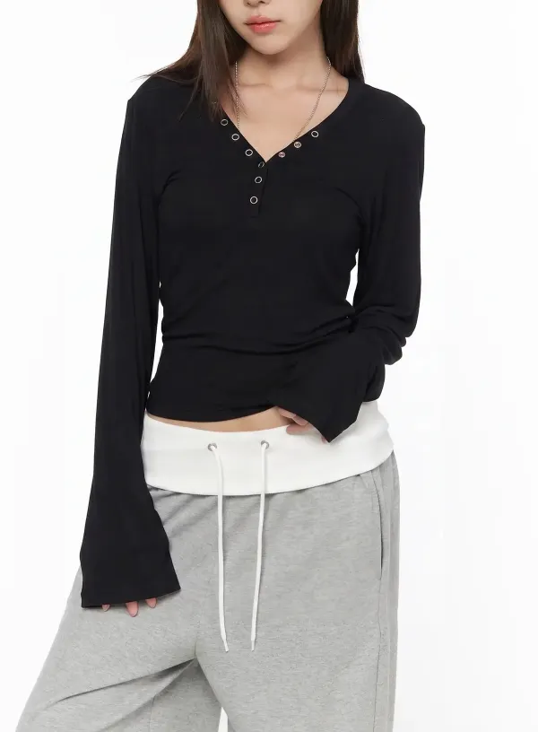 Eyelet Henley V-Neck Long Sleeve Tee