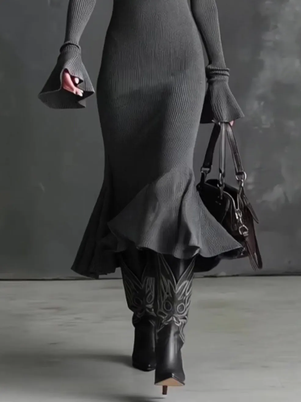 Casual Square Neck Zipper Fishtail Knit Midi Dress