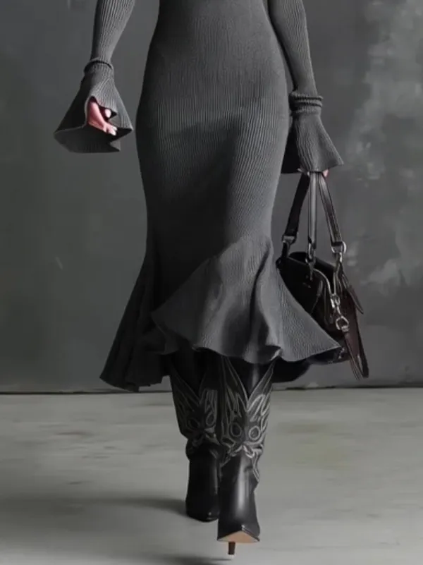 Casual Square Neck Zipper Fishtail Knit Midi Dress
