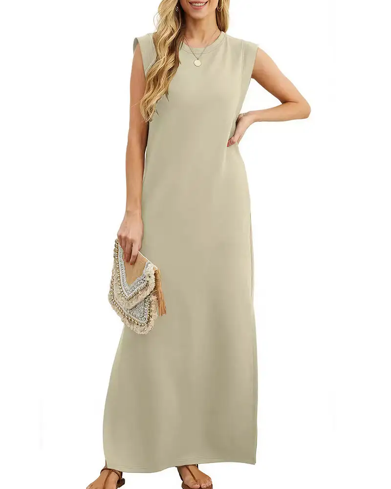 Casual Sleeveless Split Maxi Dress With Pockets