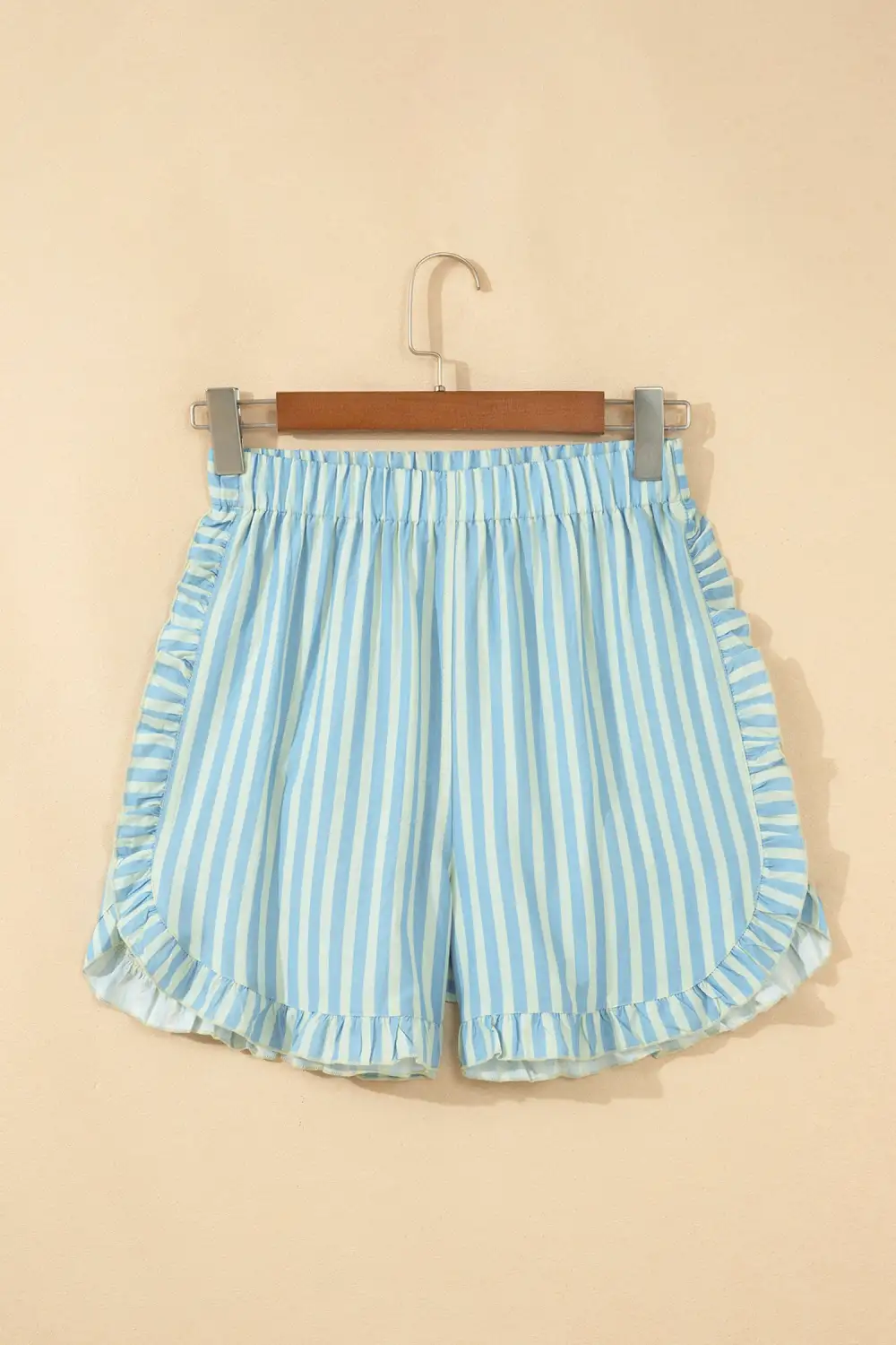 Elastic-Waist Ruffled Striped Casual Shorts