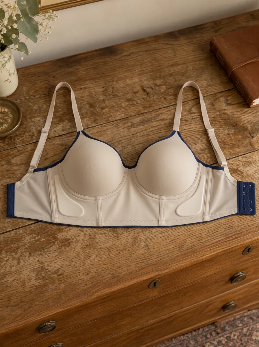 Women's Beige Navy Trimmed Padded Underwire Bra