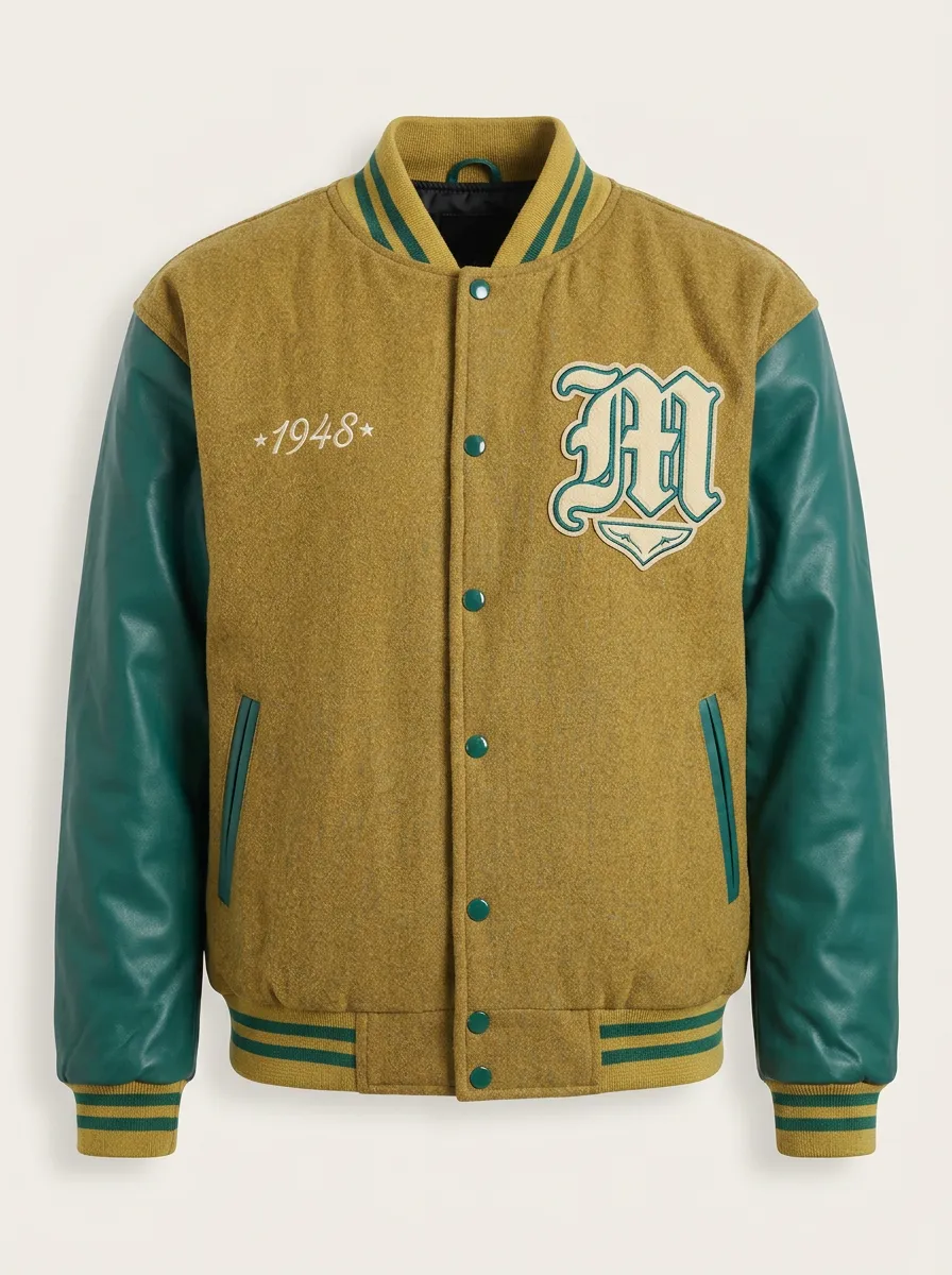 Men's Letter M 1948 Leather-Sleeve Wool Baseball Jacket