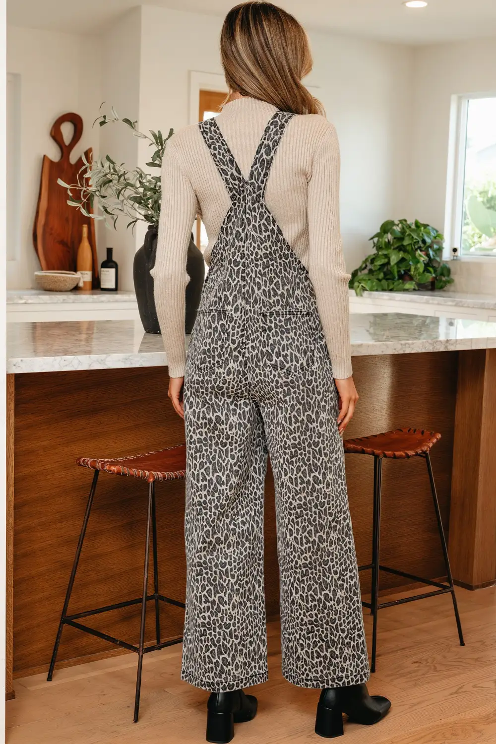 Leopard Print Straight Leg Loose Overall Denim Pants