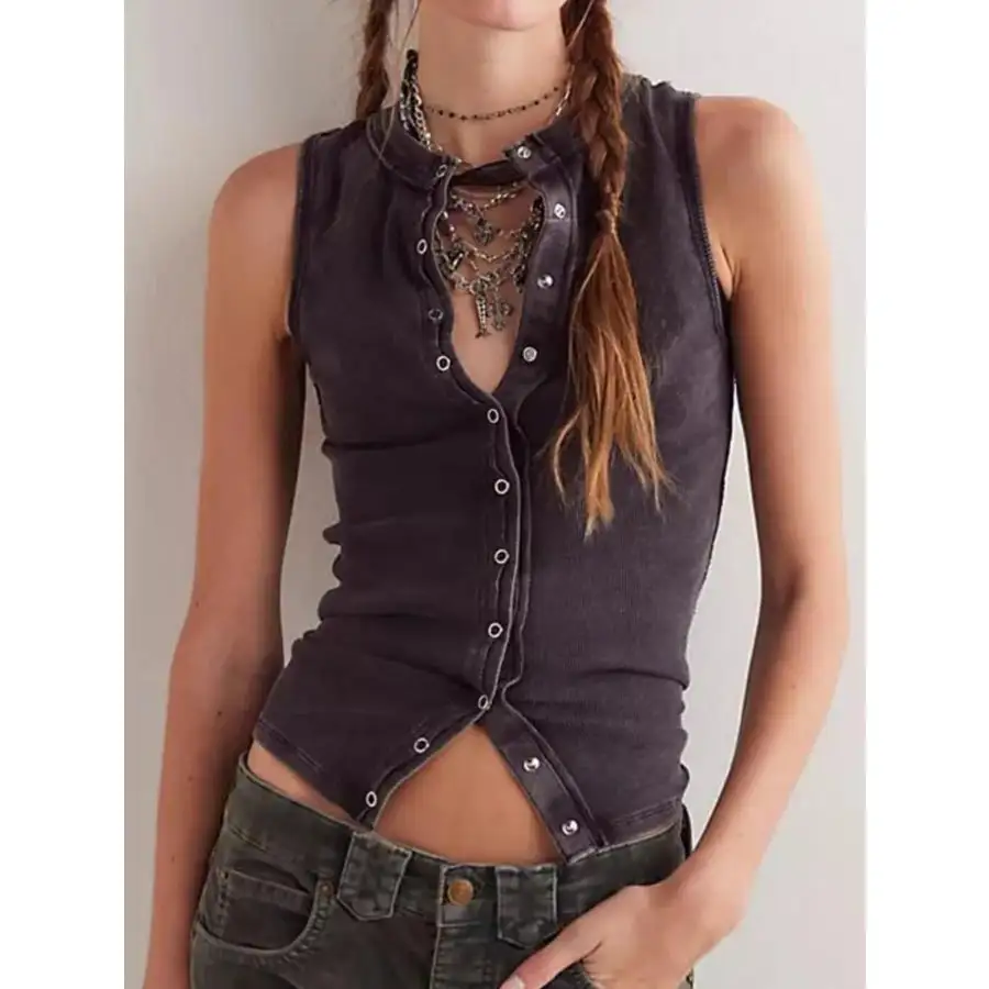 Snap Down Round Neck Ribbed Slim Tank