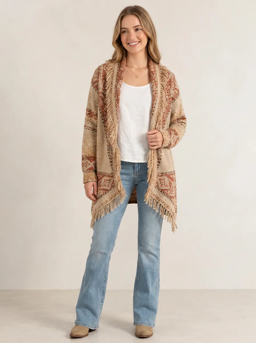 Women's Patterned Fringe Open-Front Cardigan Ribbed-Knit