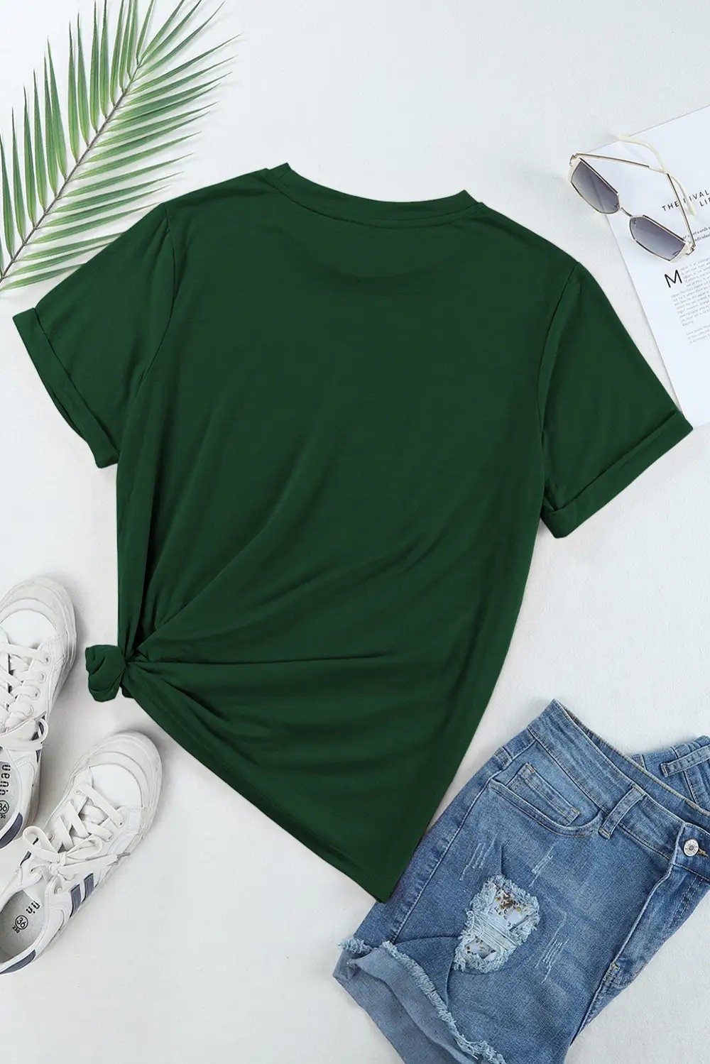 Green Casual Plain Crew Neck