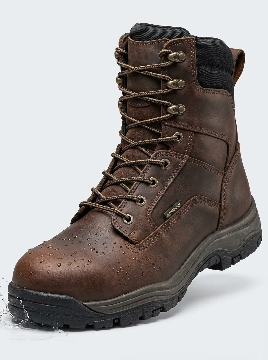Men's Brown Leather Waterproof Construction Work Boots