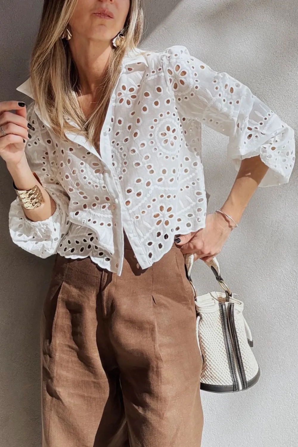 White Eyelet Embroidered Puff Sleeve Shirt