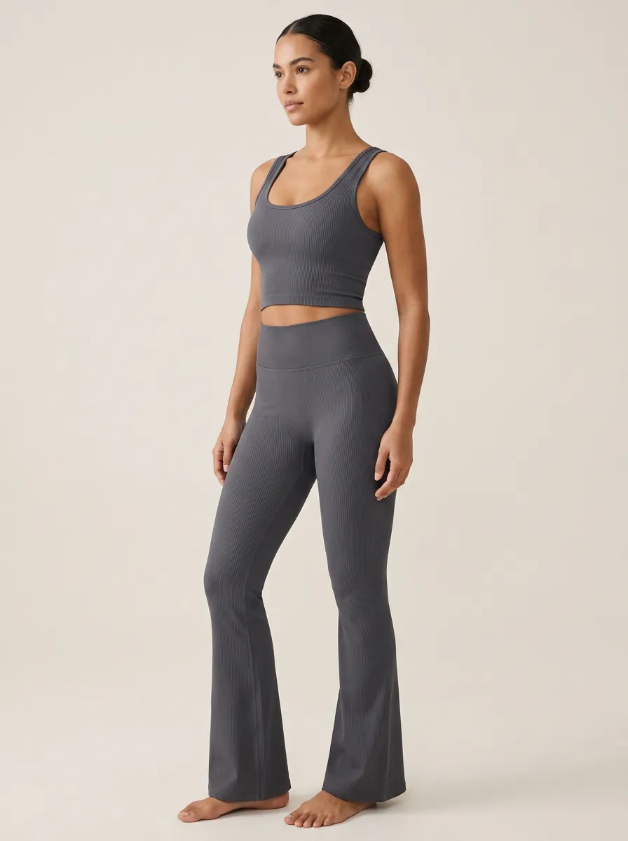 Ribbed Yoga Fitness Flared-Leg Women's Tank Top Flare Pants Active Set