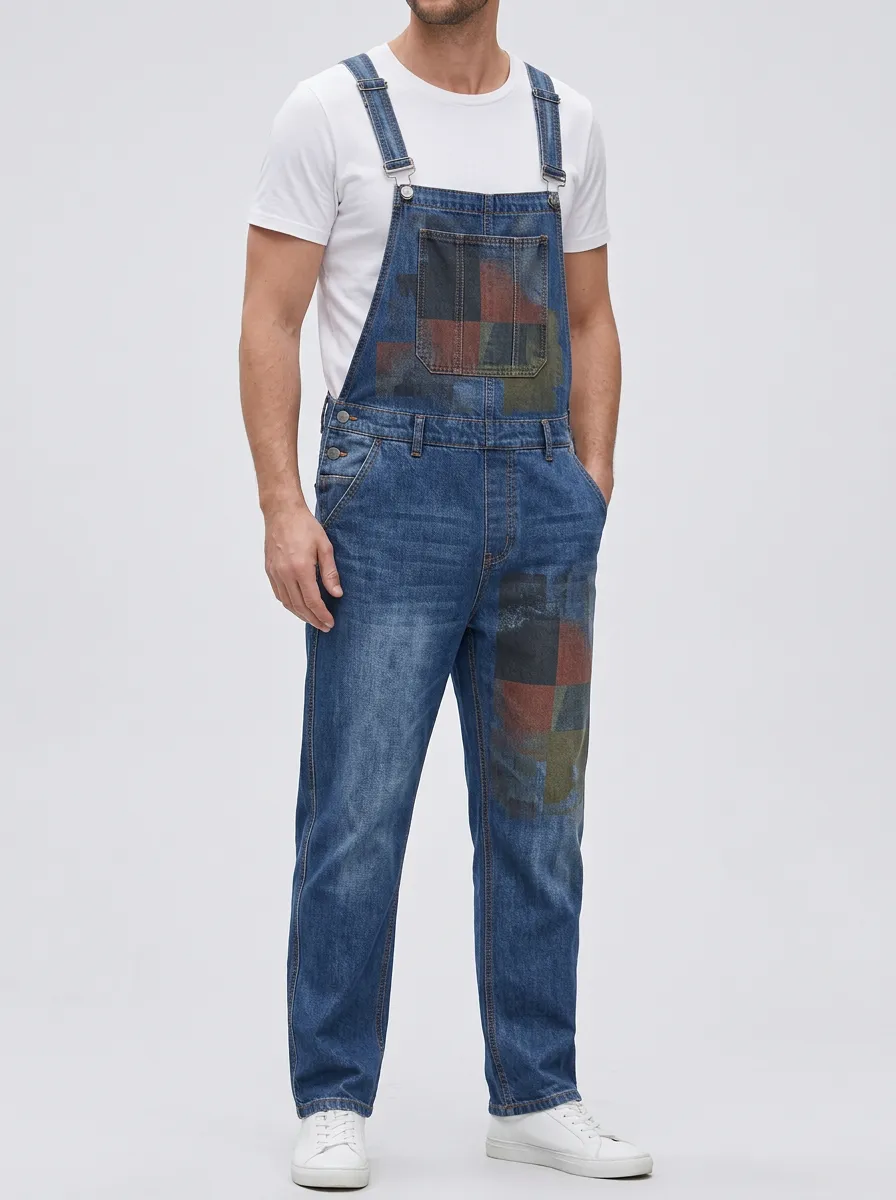 Patchwork Print Denim Overalls