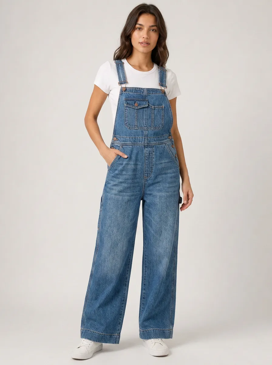 Women's Relaxed Wide-Leg Denim Overalls