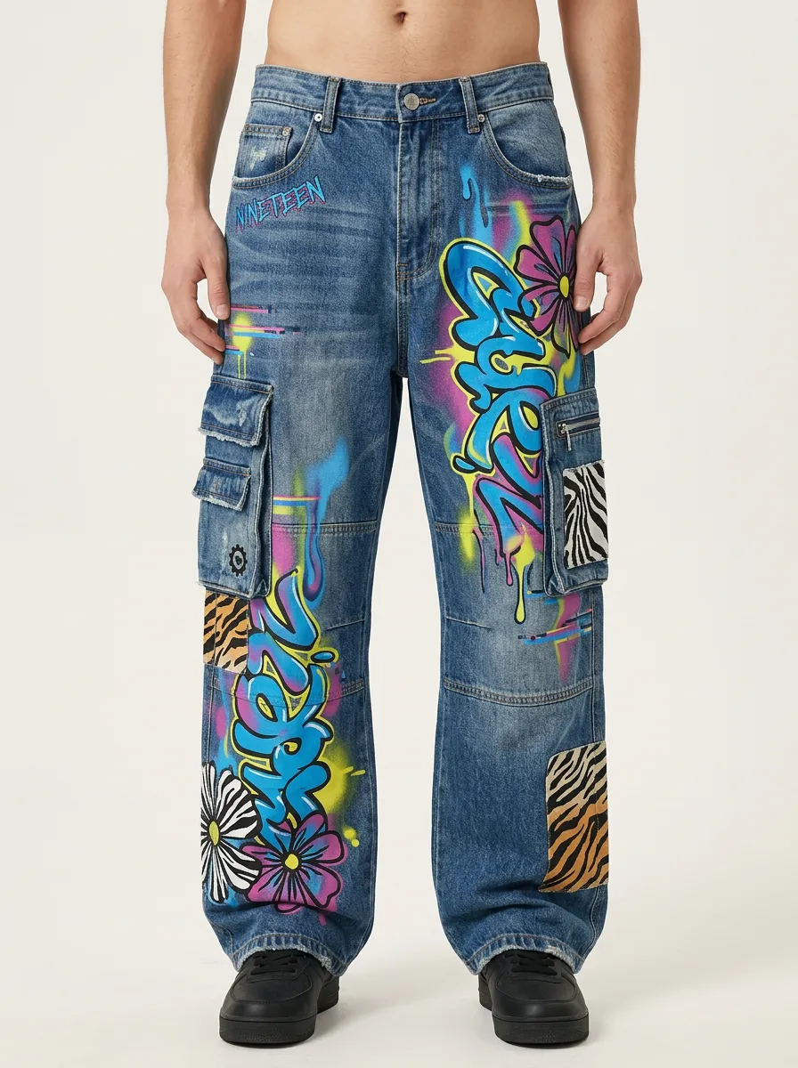 Men's Streetwear Graffiti Flower Zebra Patchwork Graphic Cargo Jeans