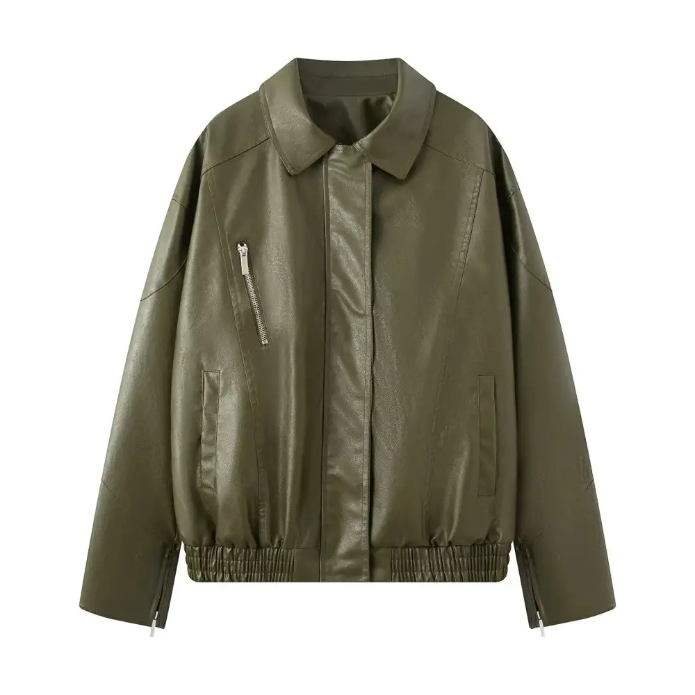 Oversized Faux Leather Zip Front Elastic Hem Bomber Jacket