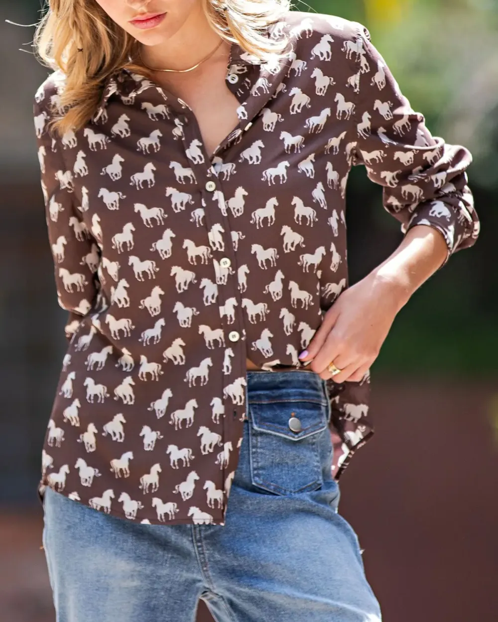 Horse Print Button Front Shirt