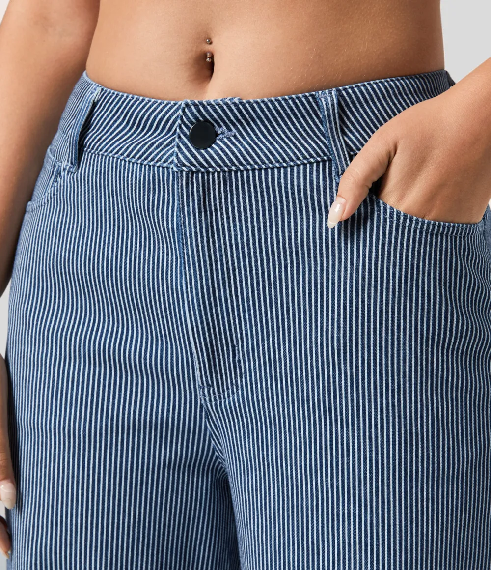 Magic Mid Rise Multiple Pockets Rolled Hem Striped Washed Stretchy Knit Casual Wide Leg Jeans