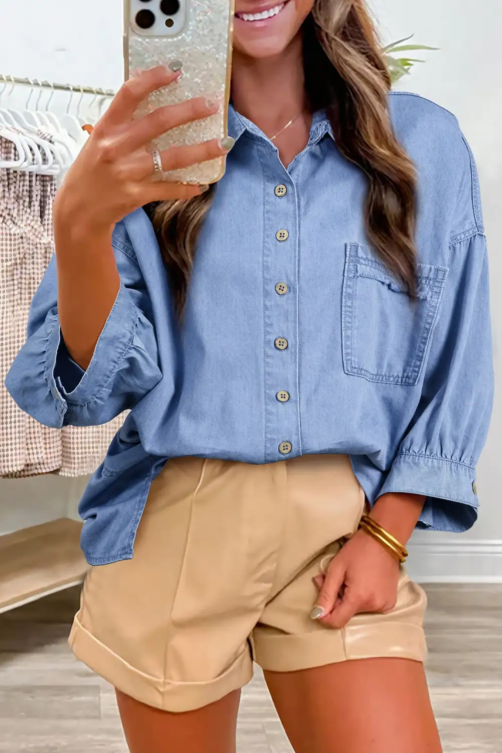 Washed Drop Shoulder Bracelet Sleeve Chambray Shirt