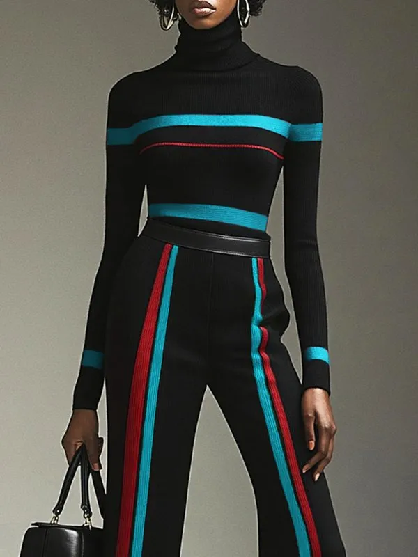 Striped High Neck Long Sleeve Pullover Sweater