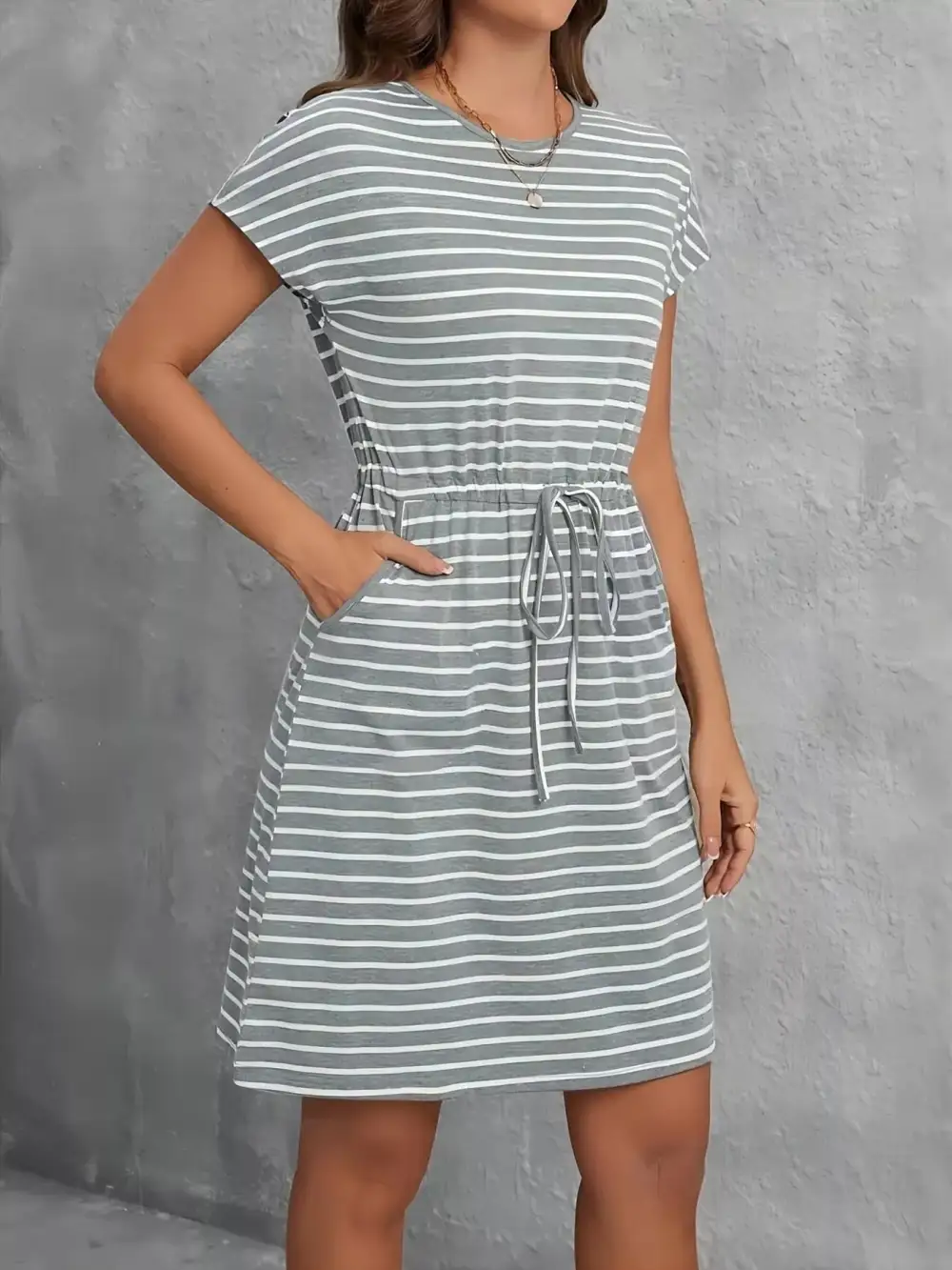 Striped Drawstring Dress Casual