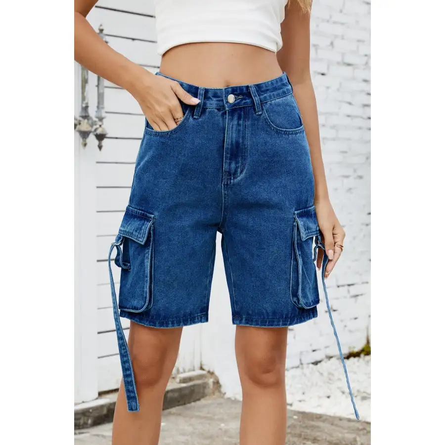 Pocketed Cargo Washed Denim Shorts