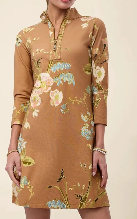 Brown Floral Print Half-Zip Tunic Dress