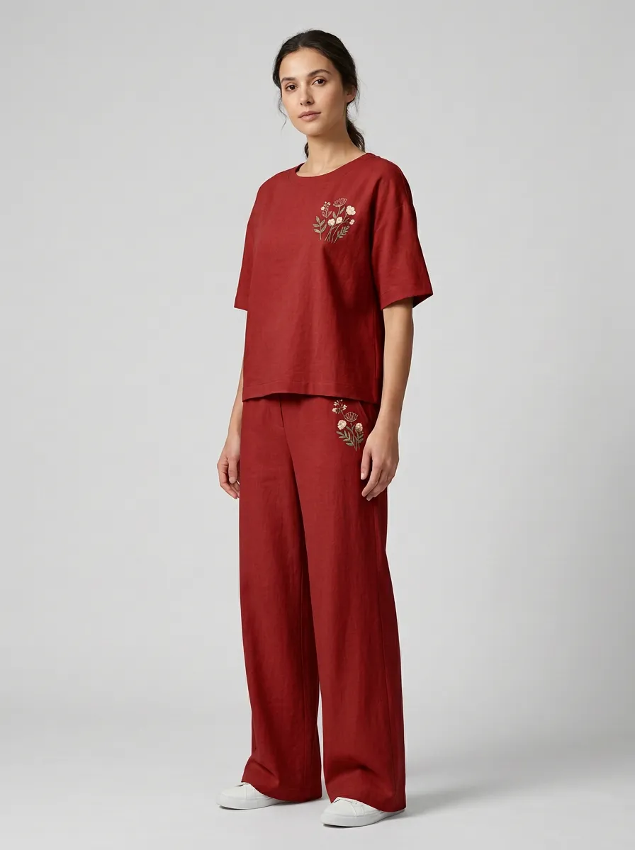 Women's Botanical Embroidered Boxy Top And Wide-Leg Trouser Two-Piece Set