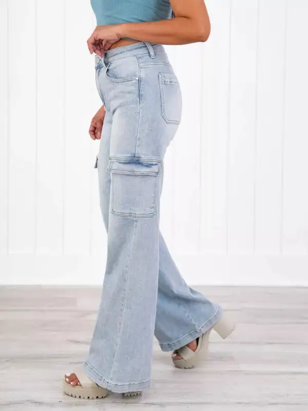 Plus Size Cargo Jeans – Wide Leg Washed Denim