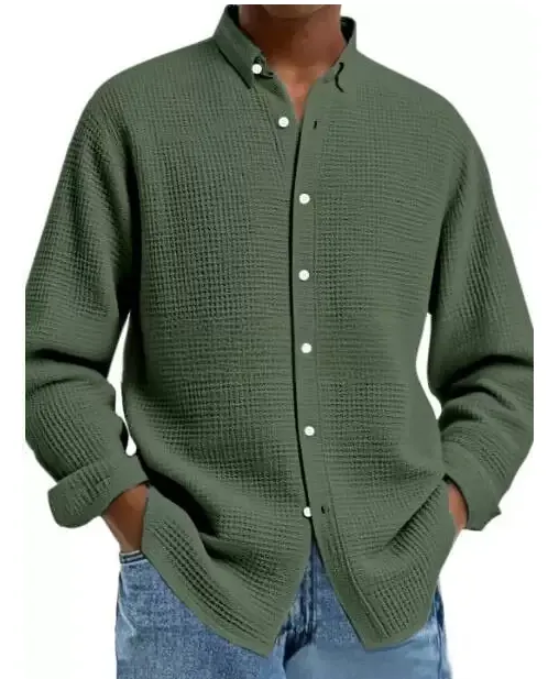 Men's Solid Color Waffle Knit Fashion Casual Long Sleeve Shirt Cardigan