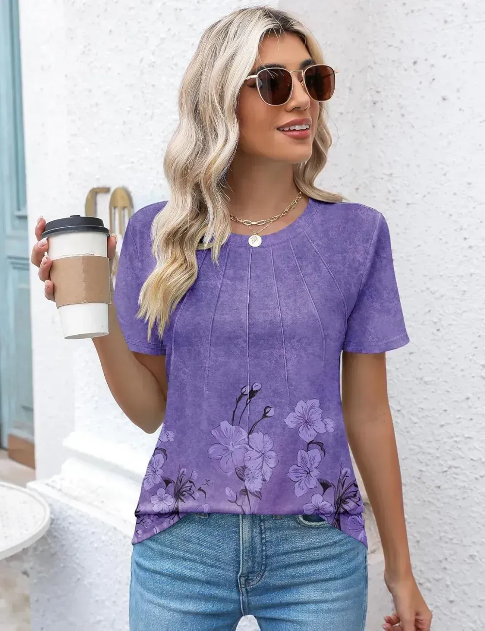 Kistore Womens Casual Crew Neck Short Sleeve Pleated Tops Blouses Fashion Clothes 2024