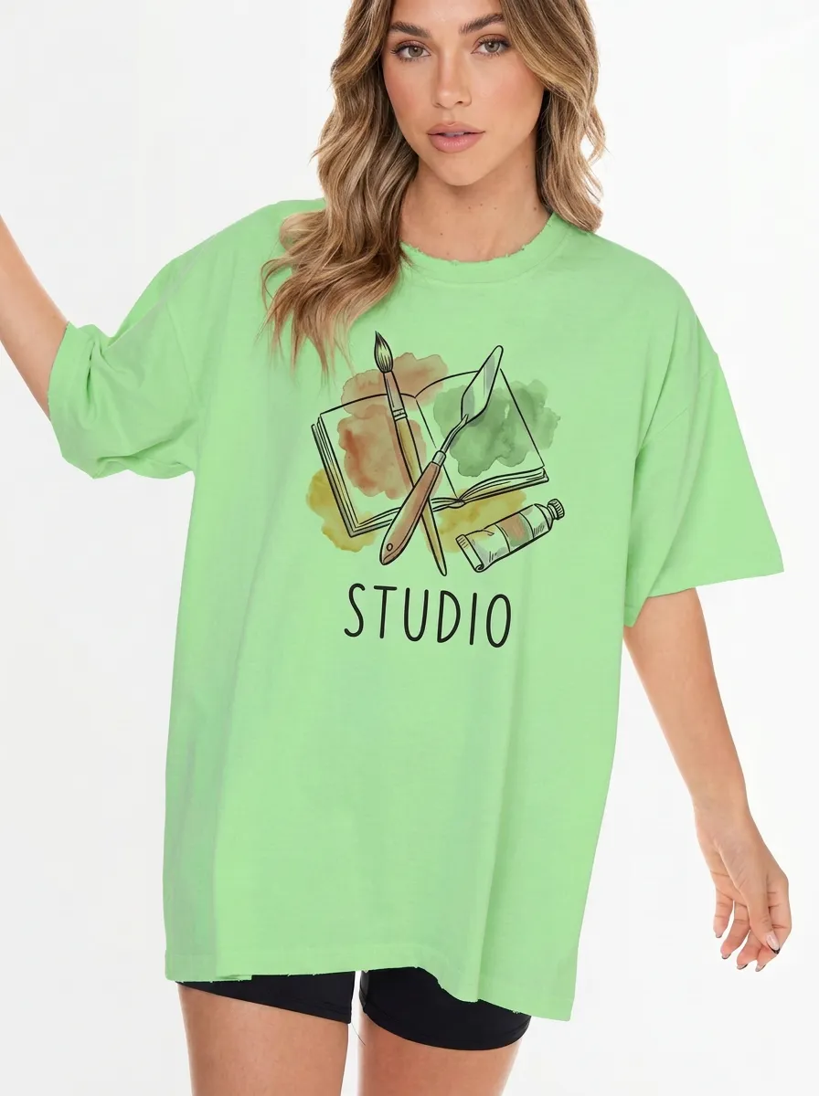 Women's Artist Studio Watercolor Paintbrush Printed T-Shirt