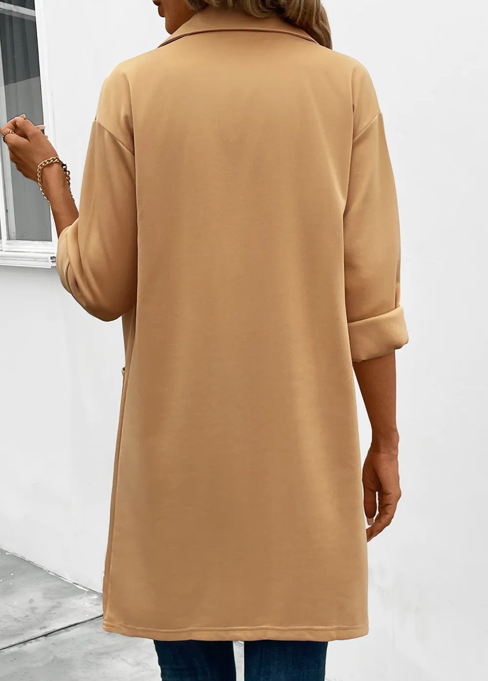 Light Camel Pocket Long Sleeve Lapel Coat