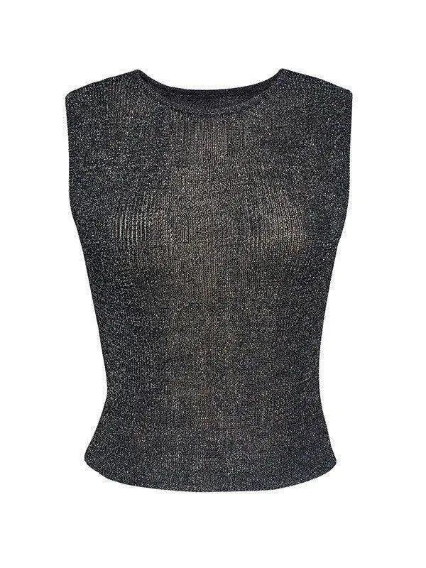 Crew-Neck Sheer Metallic Cropped Tank Top